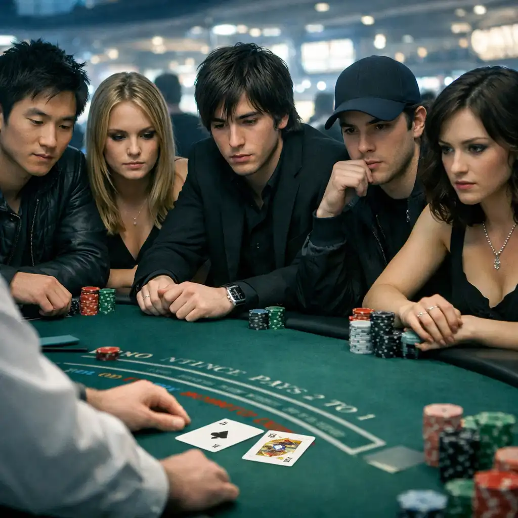 Kadr z filmu 21: grupa studentów przy stole do blackjacka