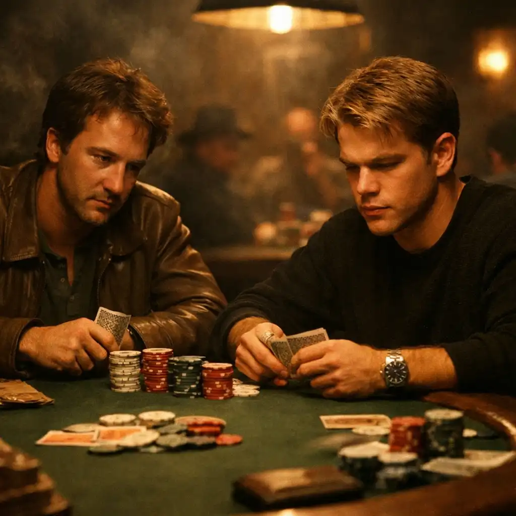 Kadr z filmu Rounders – dwóch mężczyzn przy stole do pokera