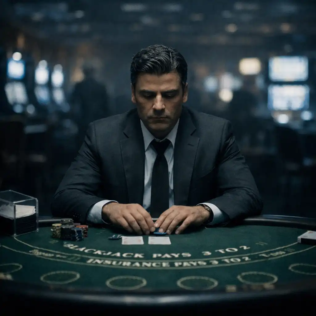 The Card Counter – mężczyzna w garniturze przy stole do blackjacka