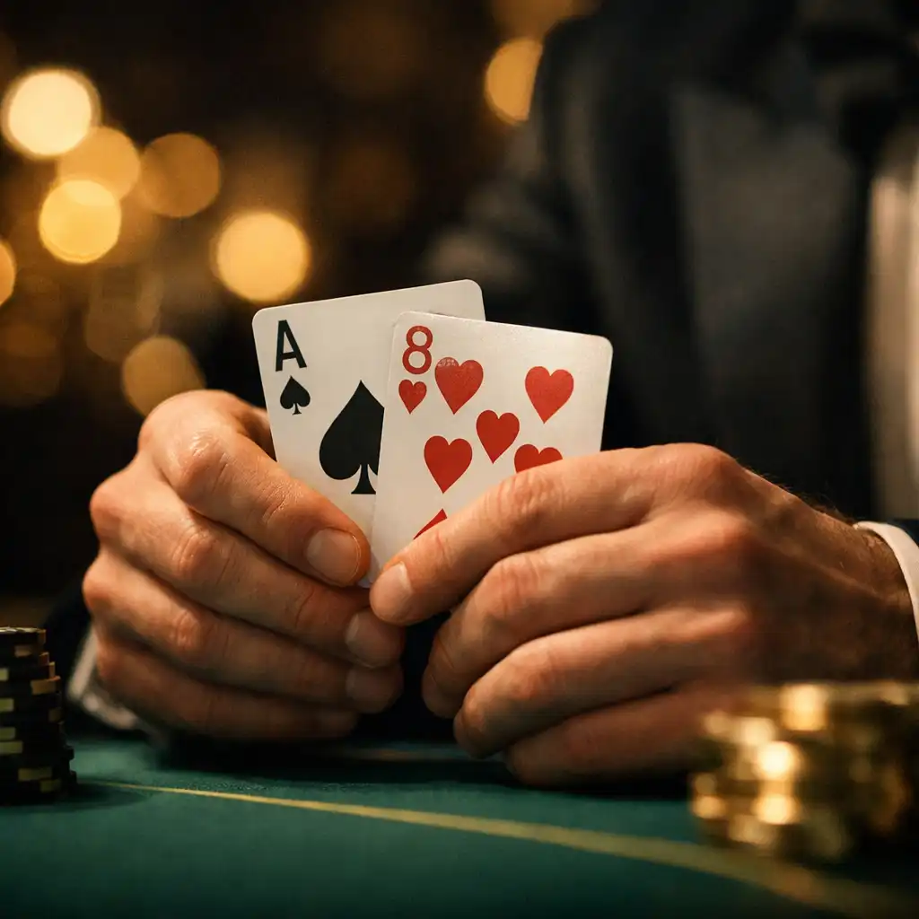 Casino Royale – zbliżenie na dłonie gracza trzymające karty