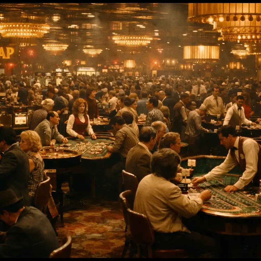 Szeroki kadr z filmu Kasyno: zatłoczona sala kasyna w Las Vegas lat 70. z graczami, automatami i krupierami