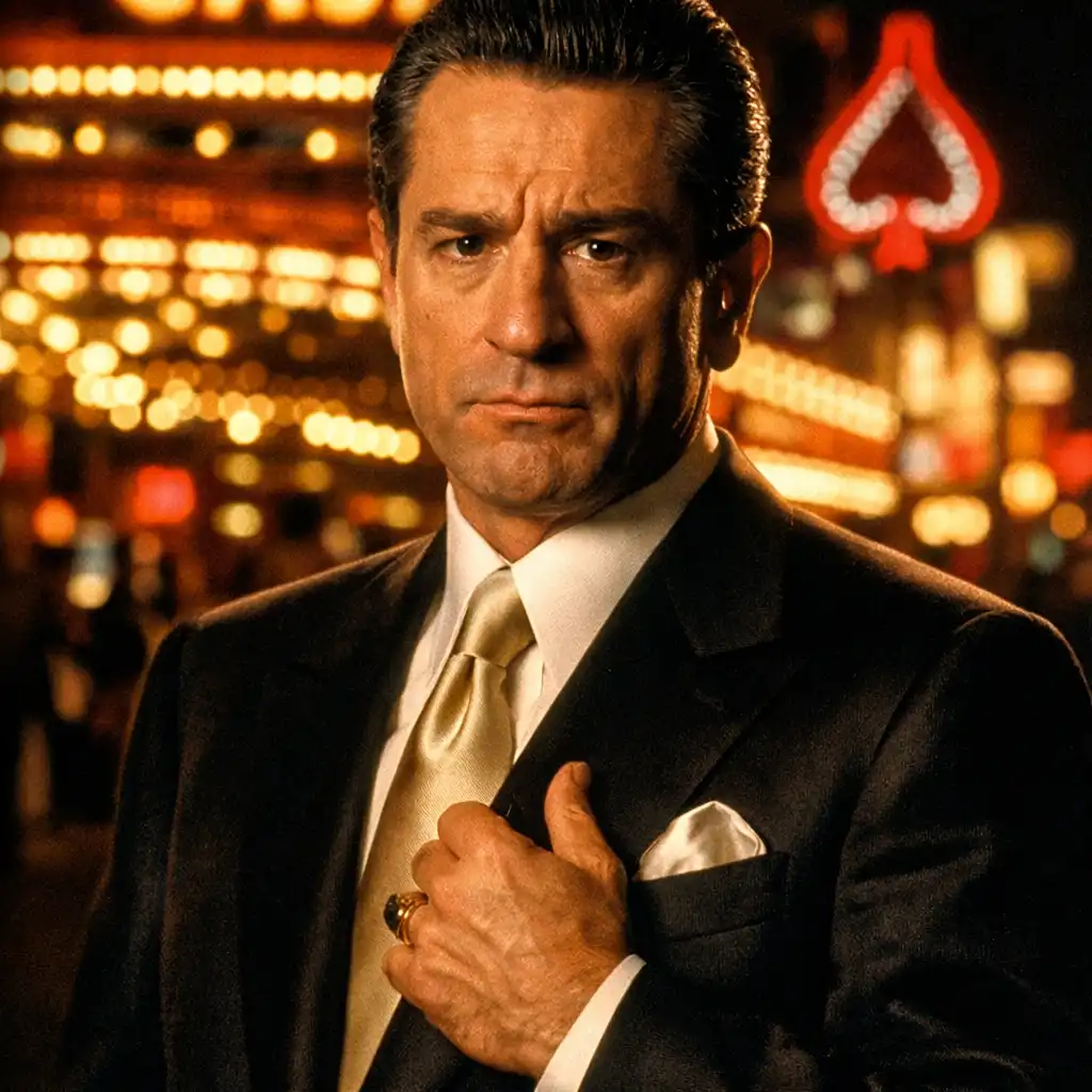 Plakat filmu Casino z Robertem De Niro w eleganckim garniturze przed kasynem, neony Las Vegas w tle