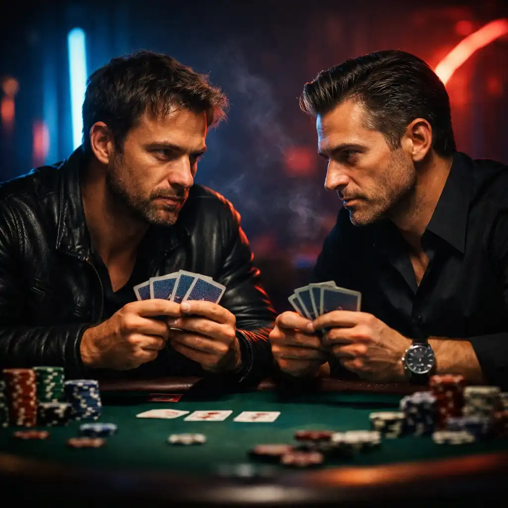 Dwóch mężczyzn przy stole pokerowym w półmroku