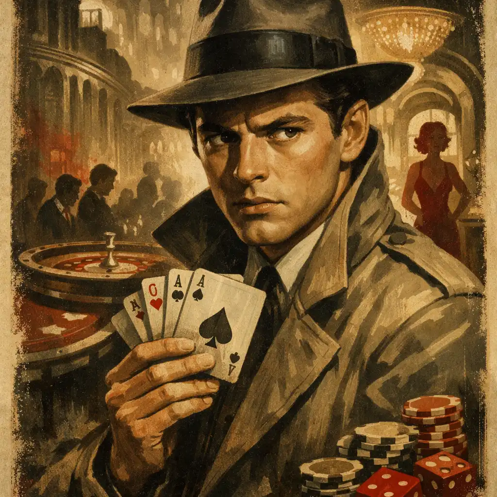 Vintage plakat filmu The Cincinnati Kid: młody mężczyzna w kapeluszu i trenczu trzyma karty do gry, w tle stylizowane kasyno art deco