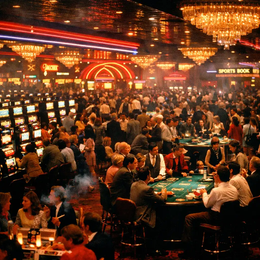Szerokie ujęcie sali kasyna z rzędami automatów i stołów do gry w filmie Casino