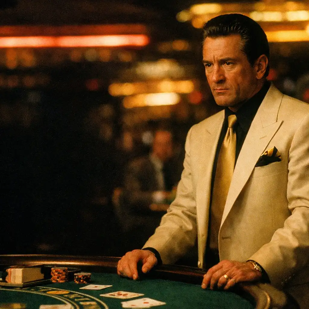 Kadr z filmu Casino przedstawiający Roberta De Niro jako Sama Ace'a Rothsteina przy stole do blackjacka