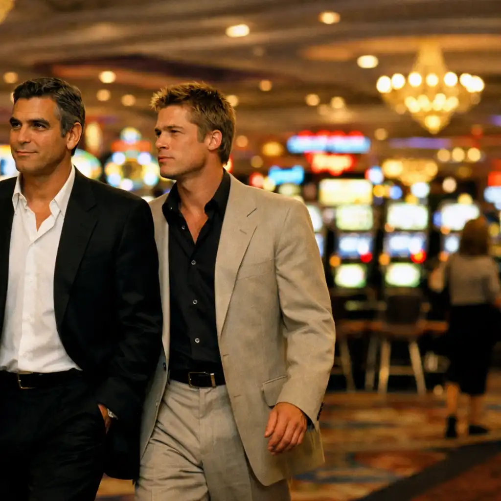 Kadr z filmu Ocean's Eleven przedstawiający George'a Clooneya i Brada Pitta w kasynie