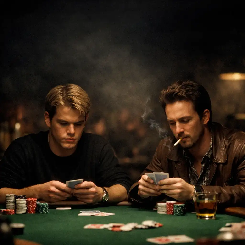 Kadr z filmu Rounders przedstawiający Matta Damona i Edwarda Nortona przy stole pokerowym