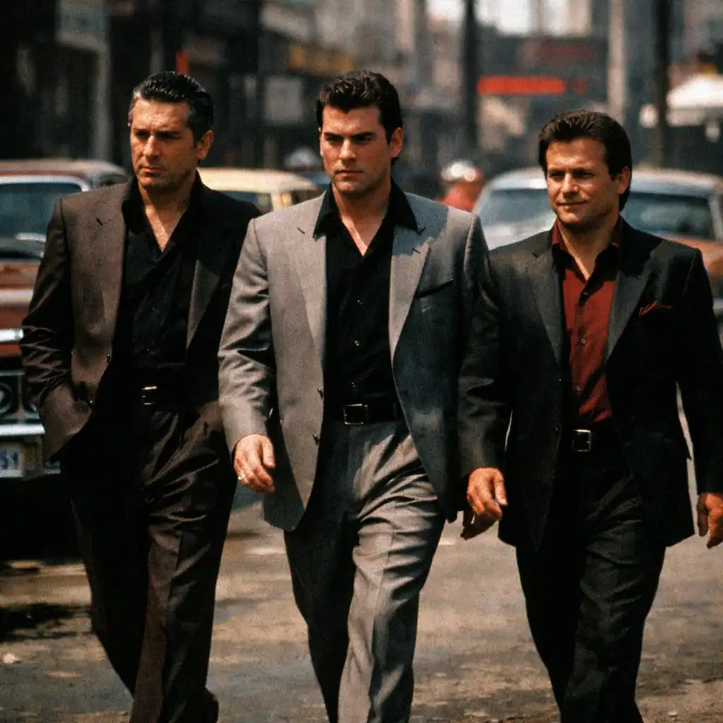 Kadr z filmu Goodfellas: trzej mężczyźni w garniturach idący ulicą, w tle samochody z epoki