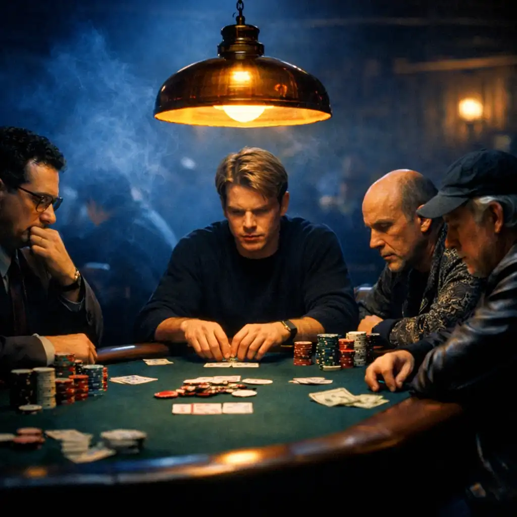 Stół pokerowy w półmroku w filmie Rounders