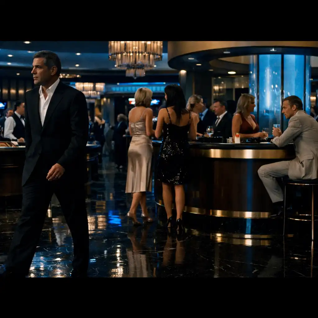 Szeroki kadr z filmu Ocean's Eleven: eleganckie, nowoczesne wnętrze kasyna z wypolerowanymi podłogami i grupą dobrze ubranych ludzi w tle