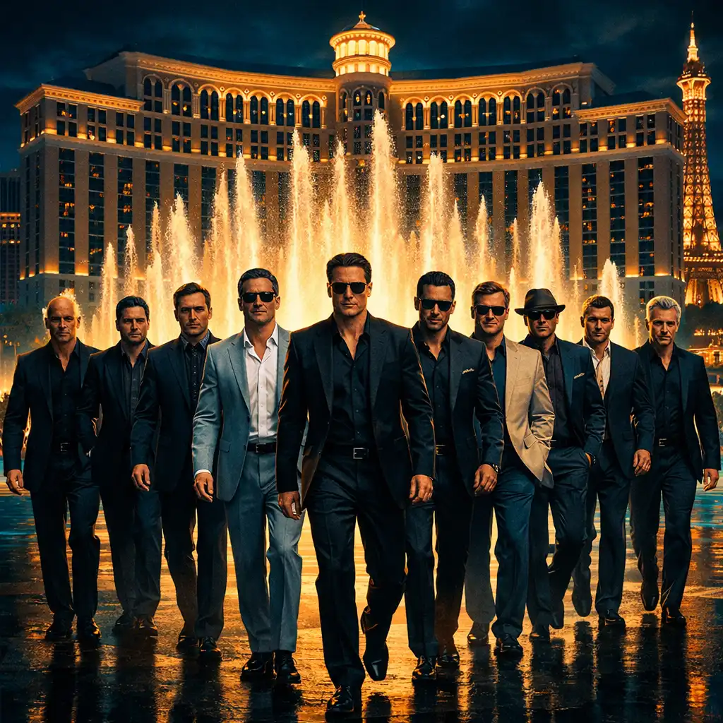 Stylizowany plakat filmu Ocean's Eleven: grupa jedenastu eleganckich mężczyzn idących w stronę kamery przed fontannami Bellagio nocą