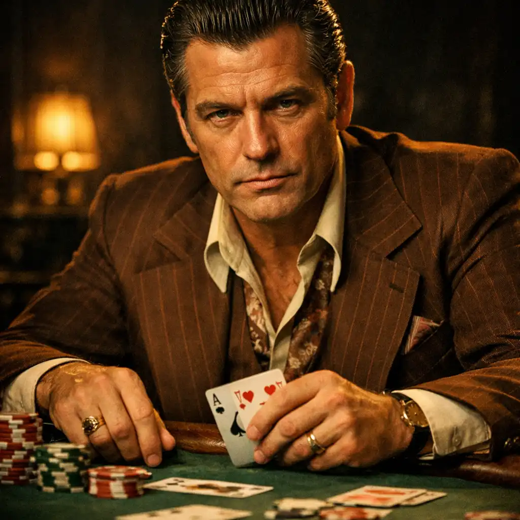 Portret Ace'a Rothsteina w eleganckim garniturze przy stole do blackjacka