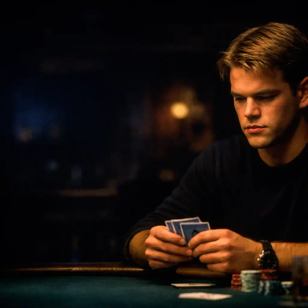 Kadr z filmu Rounders: Matt Damon jako Mike McDermott przy stole pokerowym