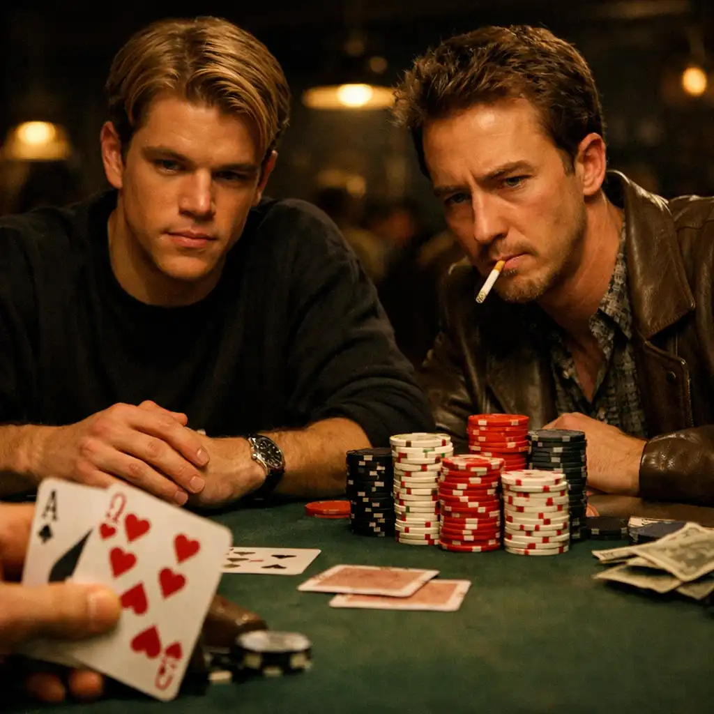 Scena z filmu Rounders: Matt Damon i Edward Norton przy stole pokerowym, w tle ciemny klub, napięta atmosfera